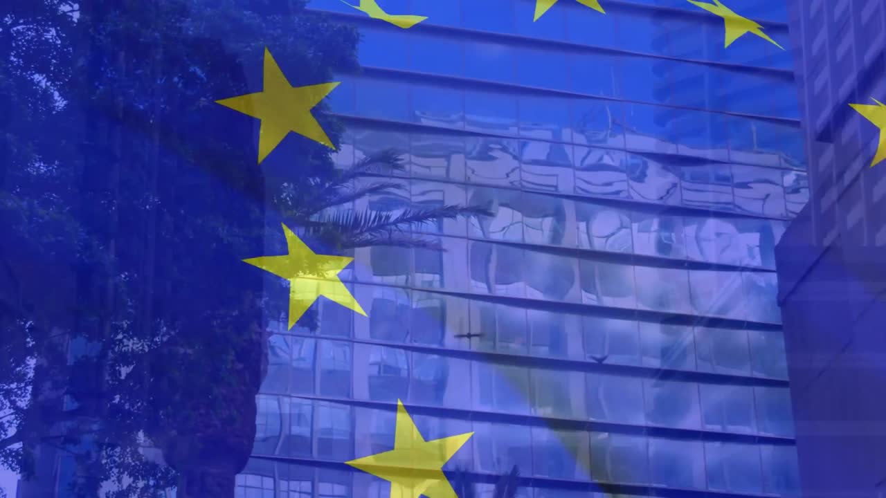 현대 도시 의 나무 와 고층 건물 위 에 있는 유럽 연합 의  ⁇ 발 의 애니메이션