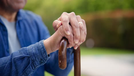 cane, park and hands of senior person in nature to