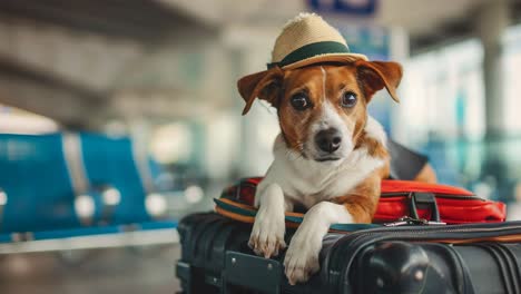 dog with a hat at the airport