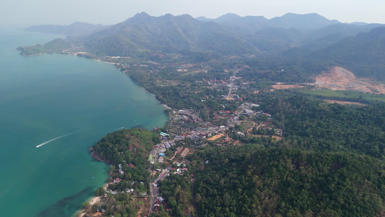 aerial drone footage of Koh Chang island, mountains and ocean