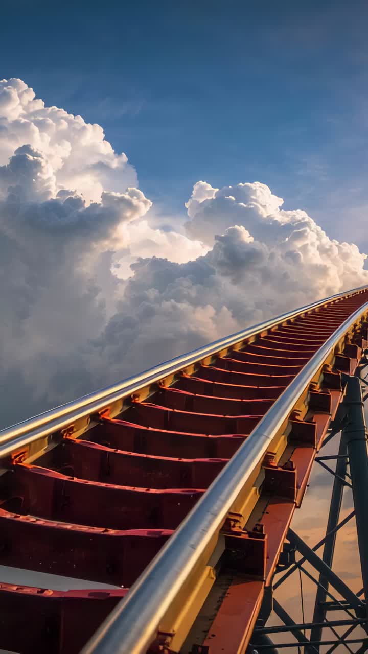 Vertical video: Lift starting cam climbing coaster toward clouds nearing peak, shiny rails red ties