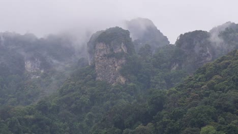 dense forest covers steep cliffs, partially obscured by drifting mist and low clouds.