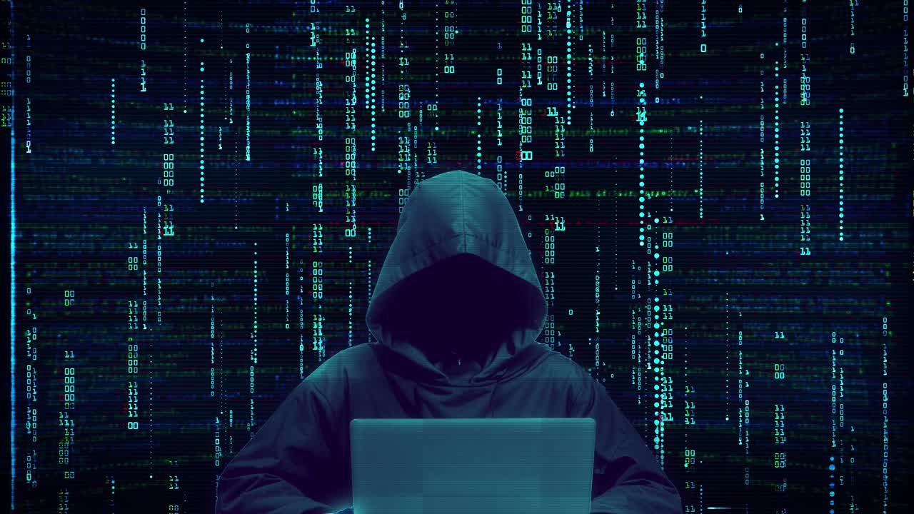 Anonymous Hacker in Hoodie. Typing on Laptop Computer. Blue Digital Matrix Code Rain. Cyber Security Concept. Glitch Effect Background