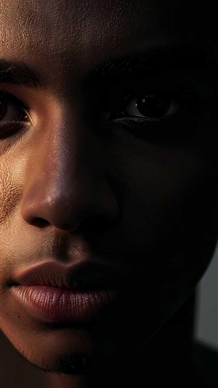 Vertical video: Camera filming man holding steady face under warm key light for portrait study
