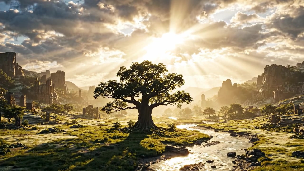 Um Nascer do Sol Majestoso Ilumina uma Paisagem Antiga com uma Árvore Solitária ao Centro, Emoldurado por Nuvens Dramáticas e Raios de Sol Radiantes Refletindo em um Riacho Suave