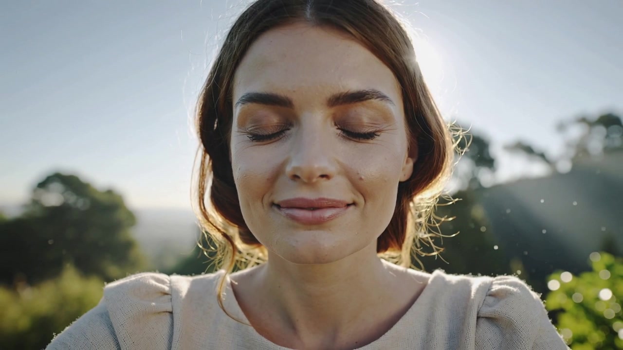 Donna con maglietta in maglia che si china su un sentiero del giardino, il sole le fa abbassare il mento, le spalle si rilassano, con polline.