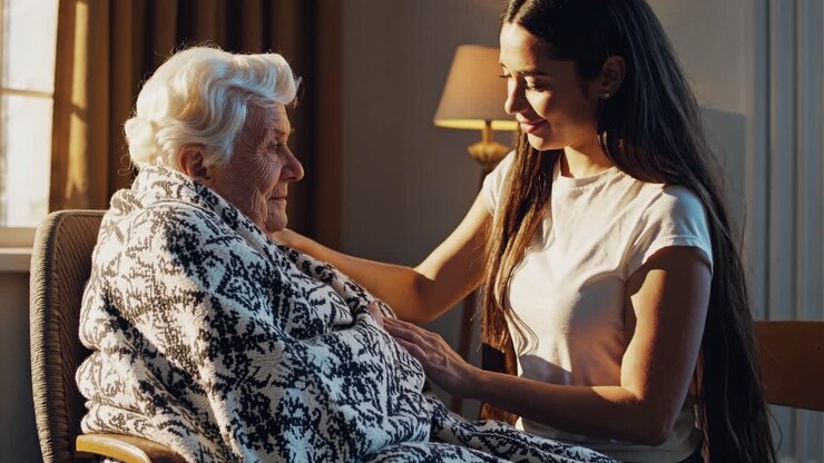 Warm, intimate video scene of a young woman comforting an elderly lady wrapped in a blanket