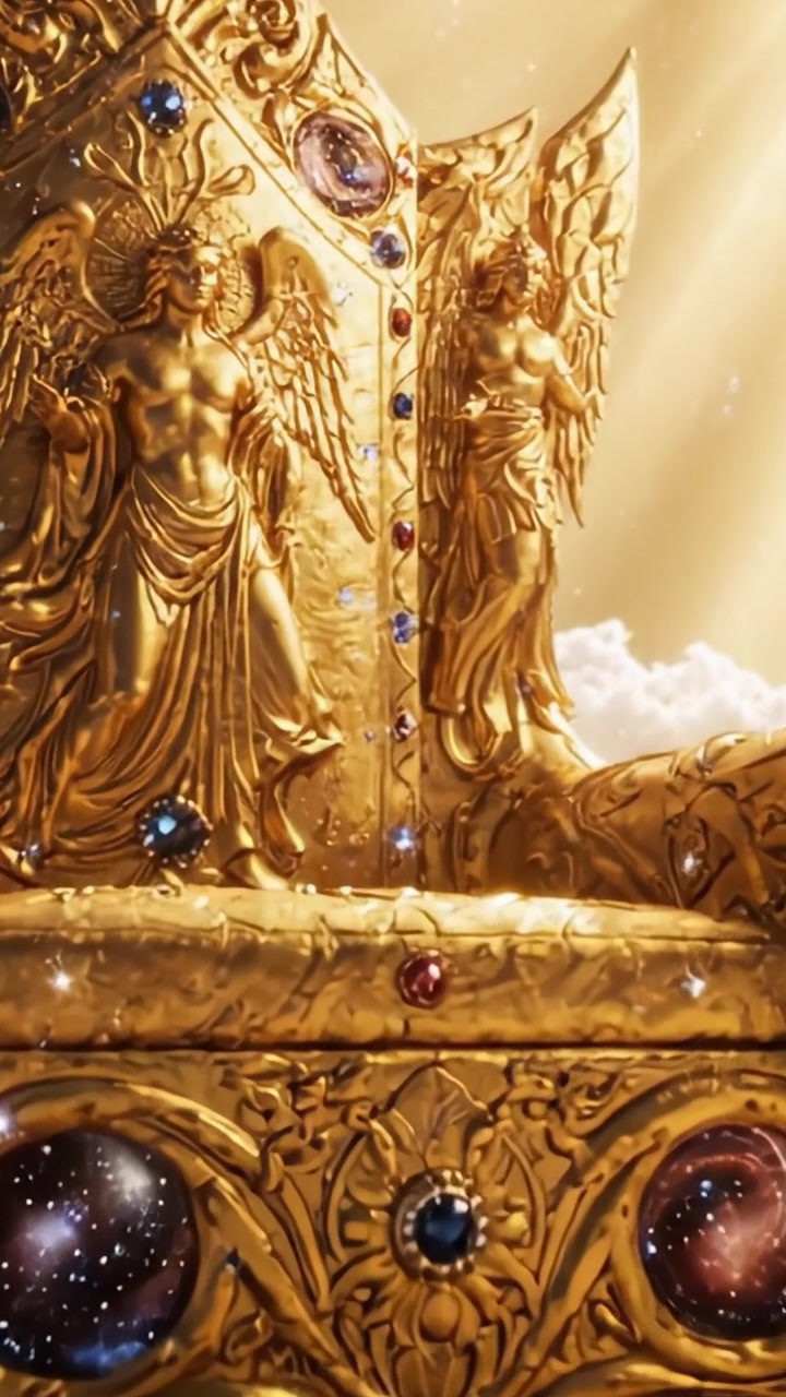 Un maestoso trono dorato adornato con dettagli simili a gioielli e figure angeliche, ambientato su uno sfondo onirico di nuvole e luce celestiale