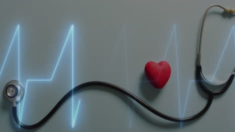 animation of heart rate montior against close up of stethoscope and red heart on grey surface