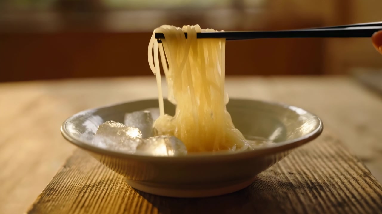 Una scena ravvicinata mostra delle bacchette che sollevano una porzione di cibo cotto da una ciotola di ceramica su un tavolo, con una mano che entra lateralmente in una calda luce interna.