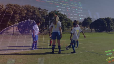 Animation-of-financial-data-processing-over-diverse-female-football-players