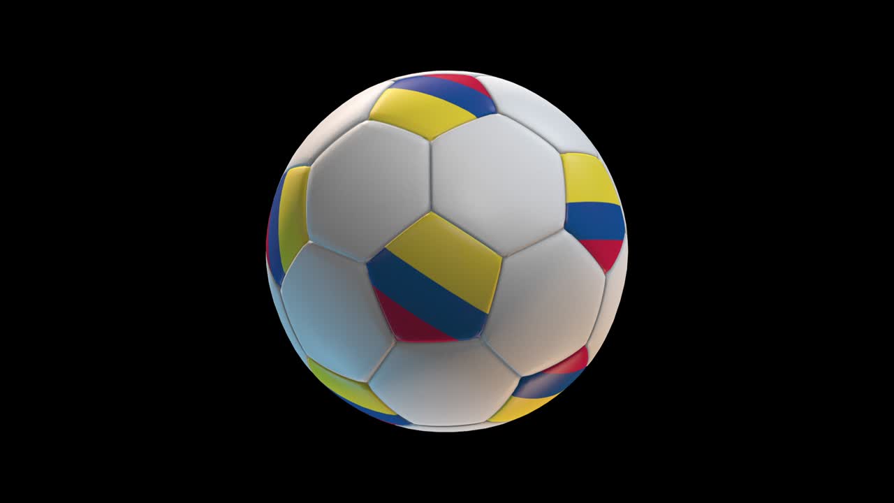 Soccer ball with flag Colombia, on black background loop alpha. 3D Rendering