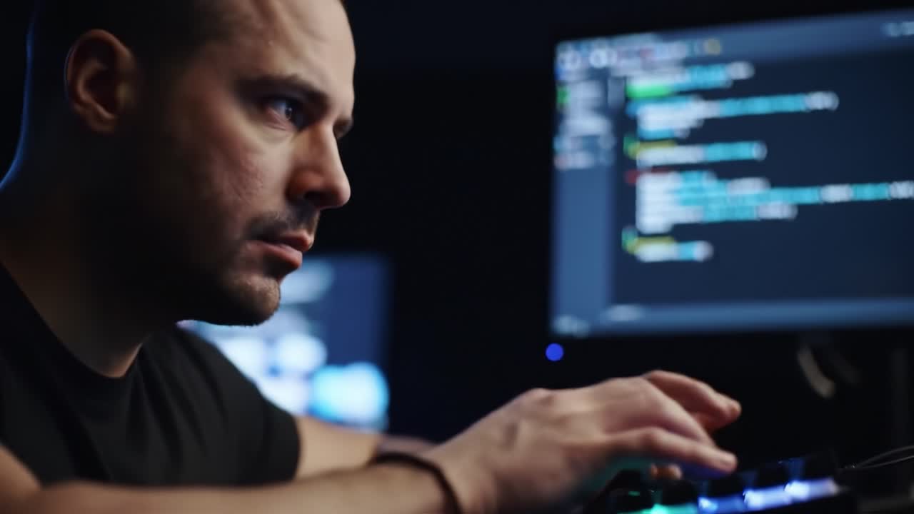 A focused programmer deeply engaged in coding, meticulously typing on a keyboard while immersed in a digital environment filled with complex algorithms and colorful syntax highlighting