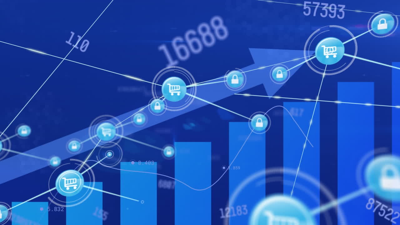 Animation of network of profile icons and changing numbers against statistical data processing