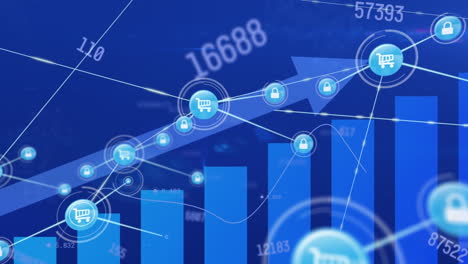 animation of network of profile icons and changing numbers against statistical data processing
