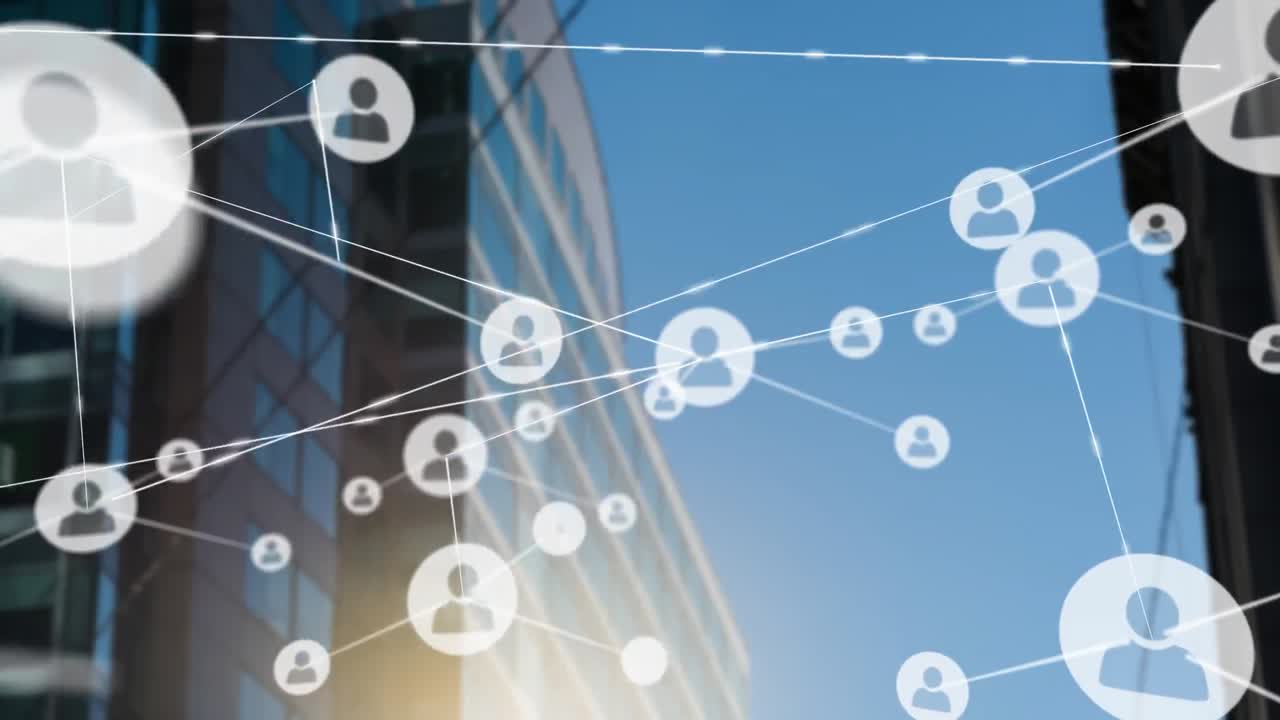 현대적인 사무실 건물 위의 사람들과의 연결 네트워크 아이콘의 애니메이션