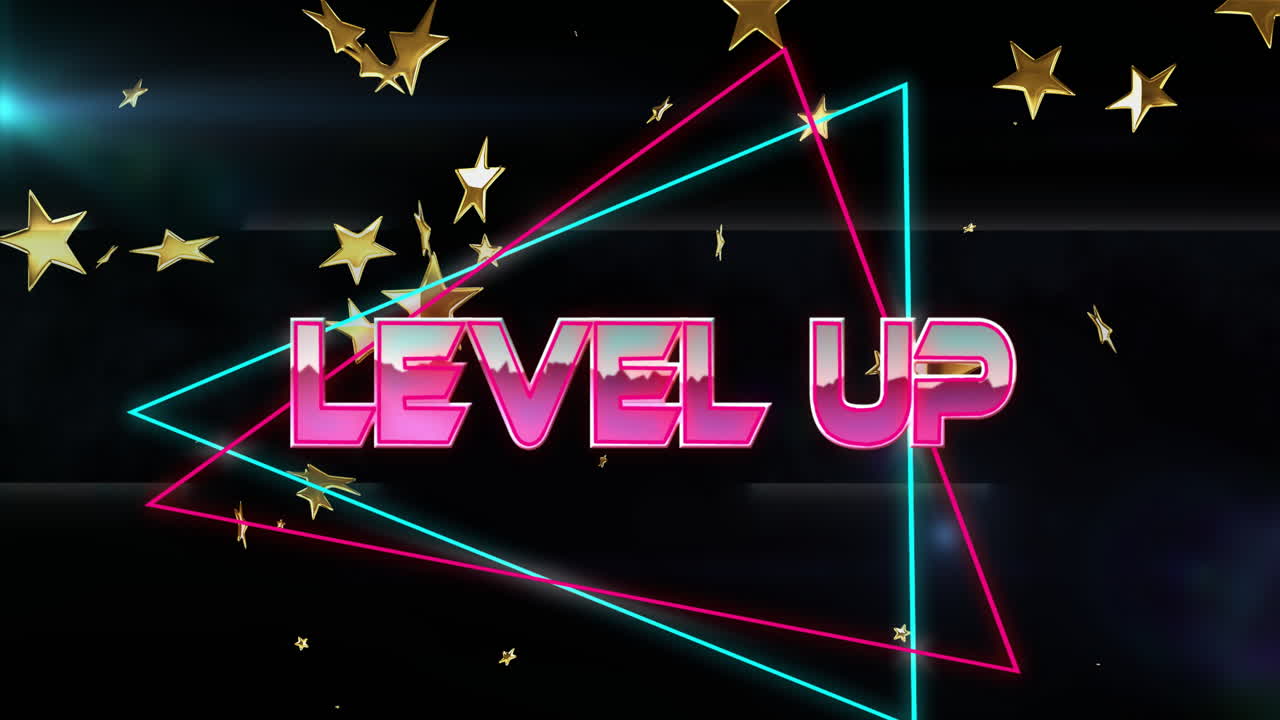검은색 배경의 네온 삼각형과 황금색 별 위에 레벨 업 텍스트 애니메이션