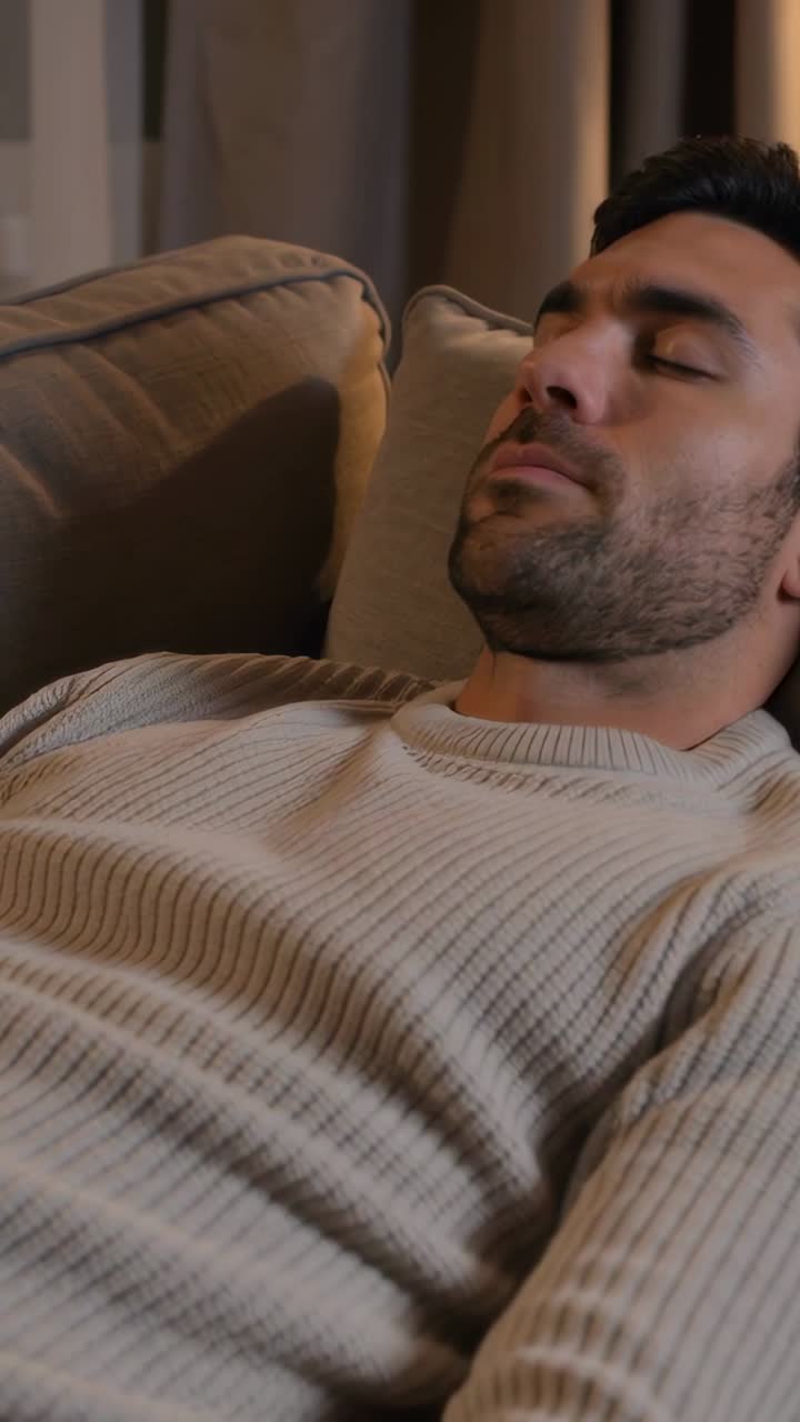 Video verticale: Uomo in maglia beige si sistema muovendo la testa sul divano con un cuscino a casa per riposare