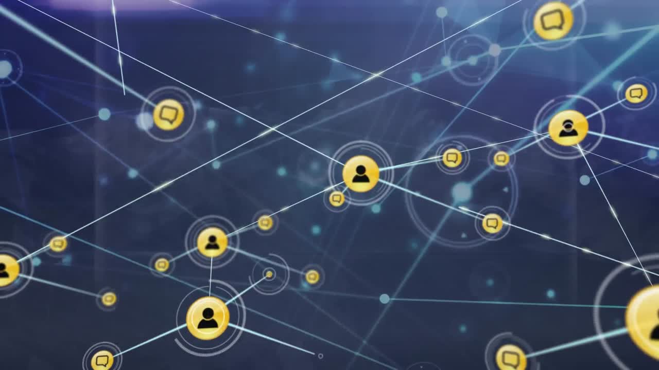 animación de una red de iconos digitales sobre un rastro de luz brillante contra un fondo azul.