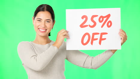 woman, face and promotion sign on green screen