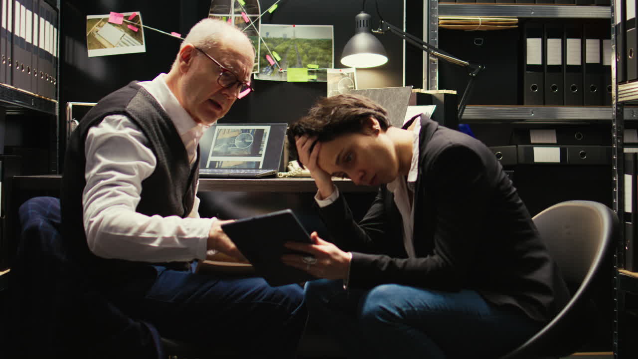 Two people discussing something on a tablet in an office