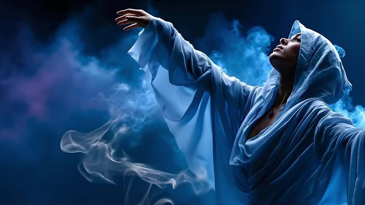 Una donna con una veste blu sta ballando nel fumo