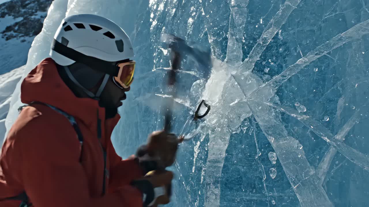 Ice climber breaking ice with an ice axe