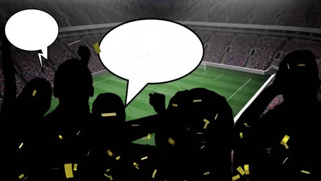 Animation-of-gold-confetti-over-sports-fans-and-speech-bubble-with-copy-space-in-sports-stadium