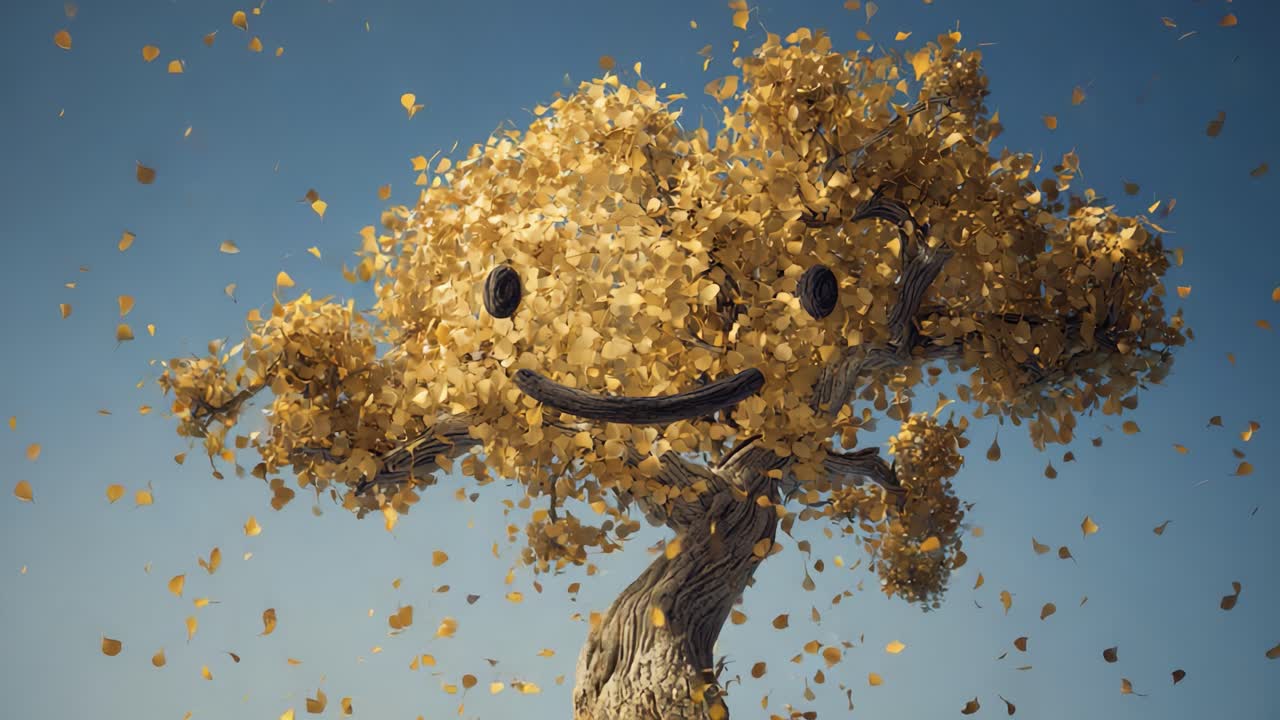 A whimsical and joyful tree with a smiling face made of vibrant golden leaves dances in the breeze, celebrating nature's beauty and the change of seasons