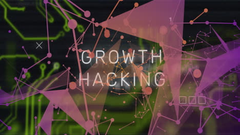 animation of growth hacking text over communication network and motherboard on black