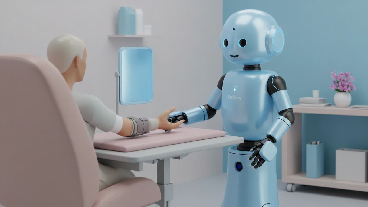A Friendly Healthcare Robot Assists a Patient in a Modern Medical Environment, Showcasing the Integration of Technology in Patient Care and Comfort