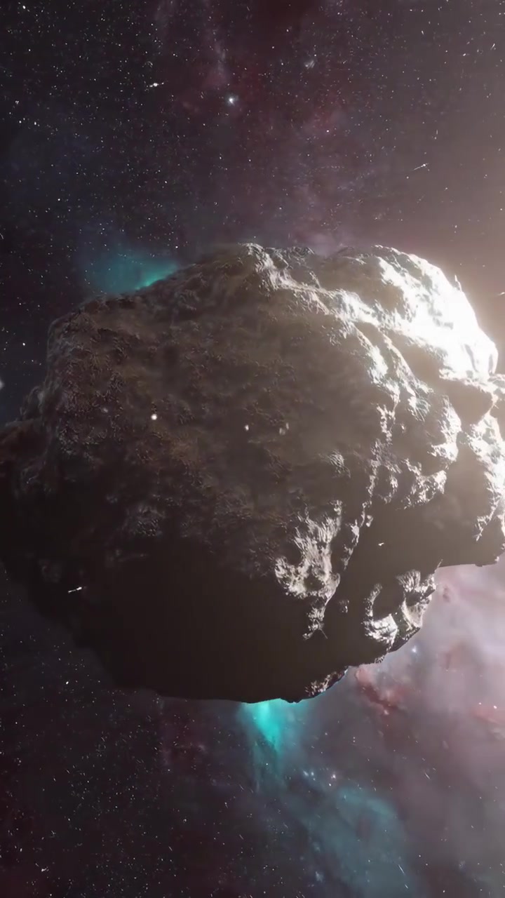 Asteroide illuminato da una stella brillante in una nebulosa vibrante