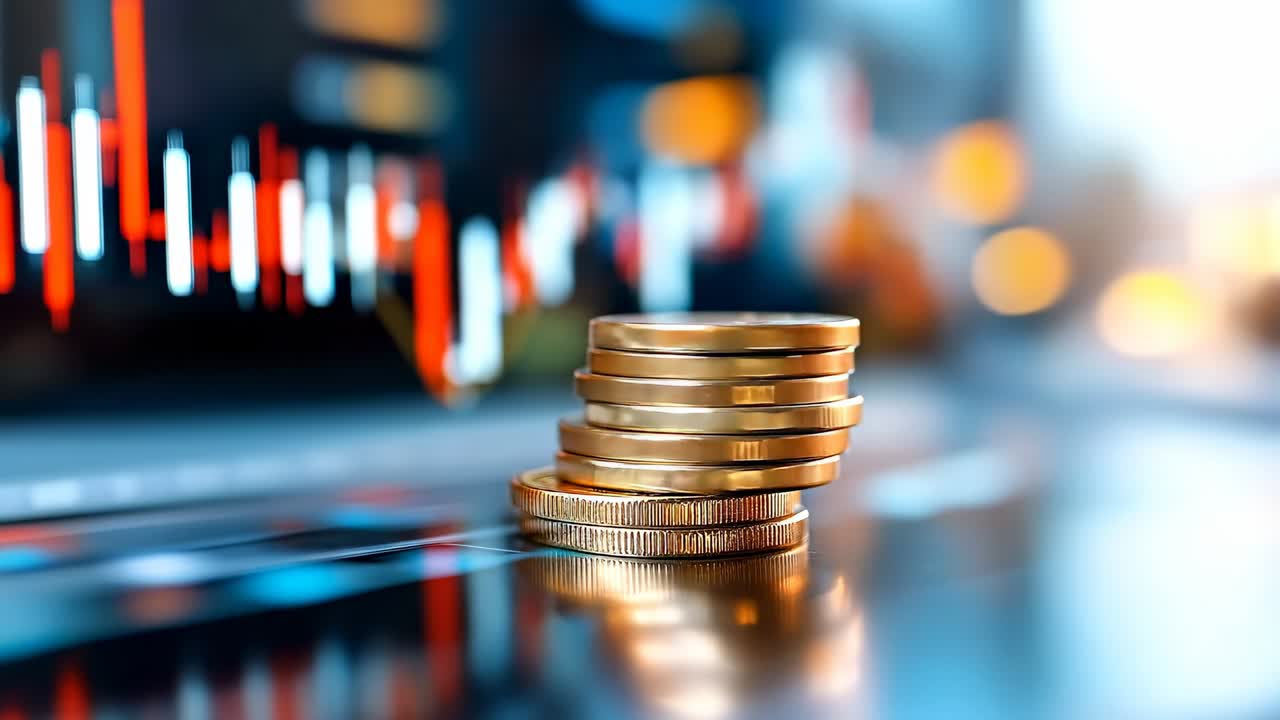 Mønter ved et finansdiagram. Mønter er arrangeret på et bord ved siden af et digitalt diagram, der viser markedstendenser med røde og grønne linjer.