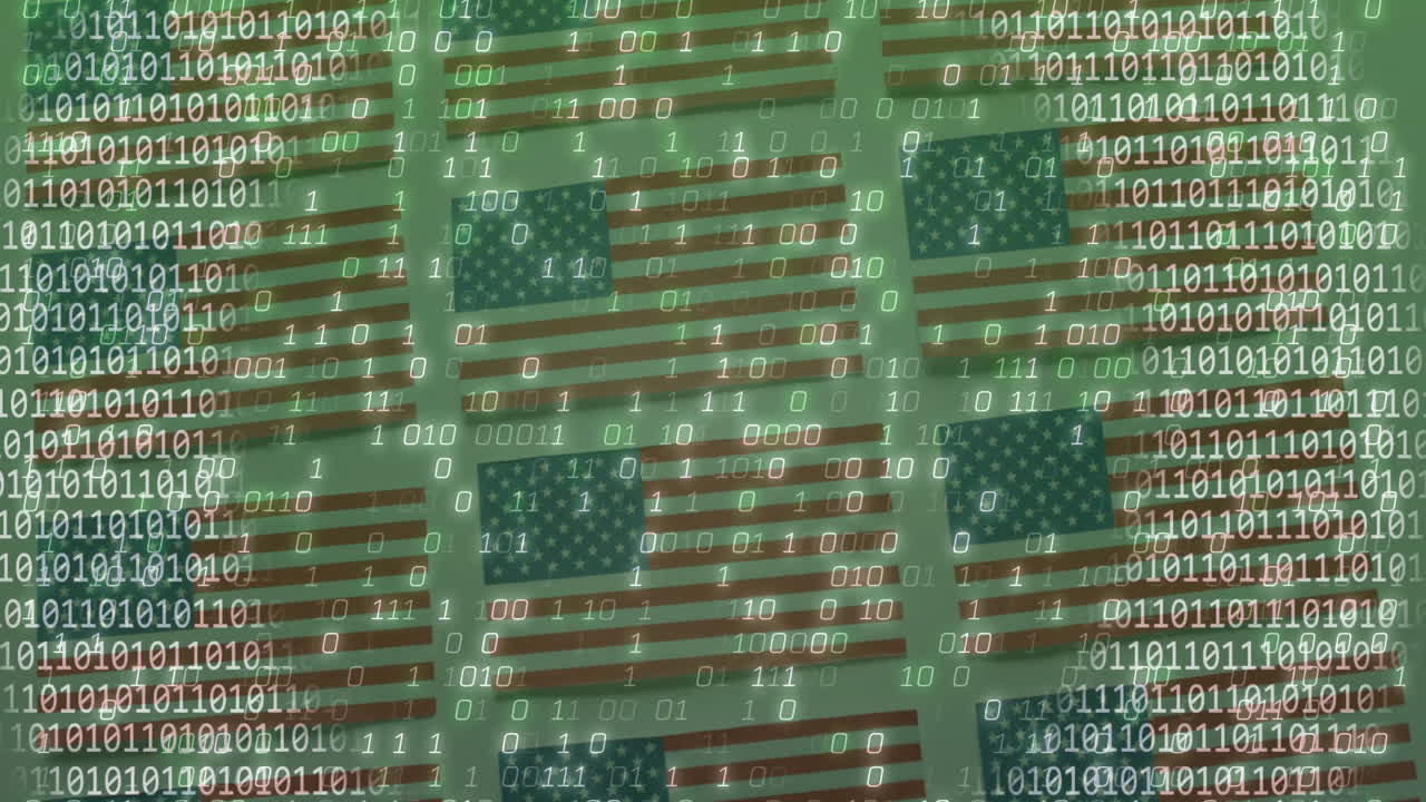 American flags with binary code animation overlay, moving in loop
