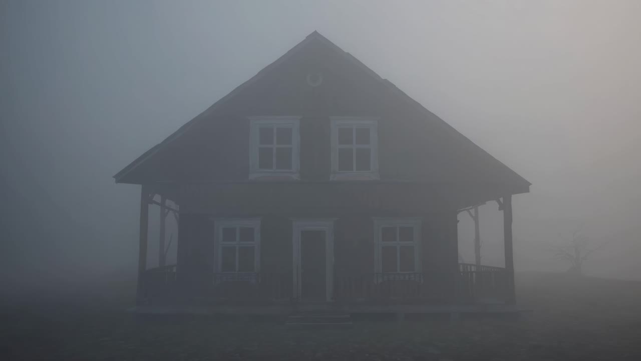 Fog slowly dissipates, revealing an old wooden house with a porch and white framed windows, creating a mysterious and suspenseful atmosphere