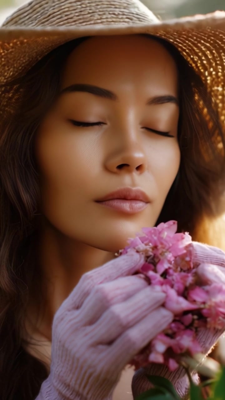 Un momento sereno: una donna con un cappello di paglia che abbraccia delicatamente fiori rosa, catturando l'essenza della natura e della pace interiore in un giardino illuminato dal sole.