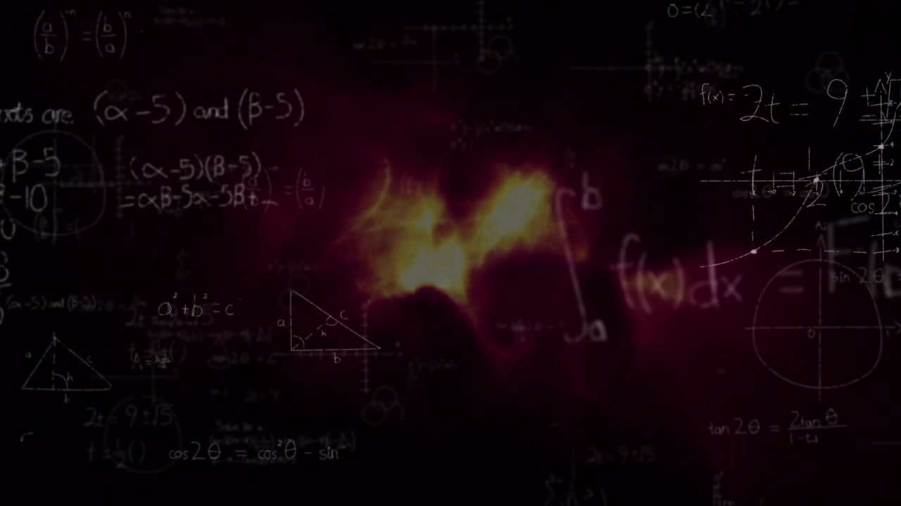 Animation of mathematical equations over shapes on black background