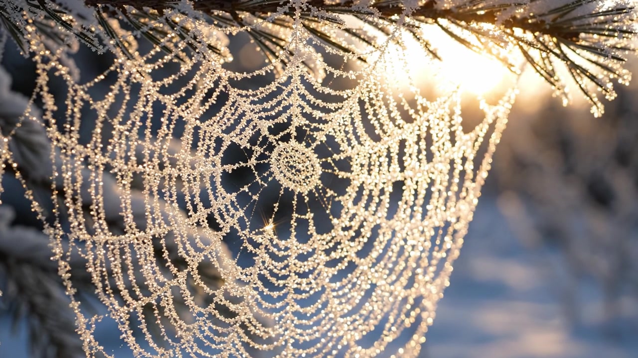 Una splendida ragnatela ghiacciata catturata nella luce del mattino, che mostra l'intricata arte della natura e goccioline simili a cristalli in una fredda giornata invernale