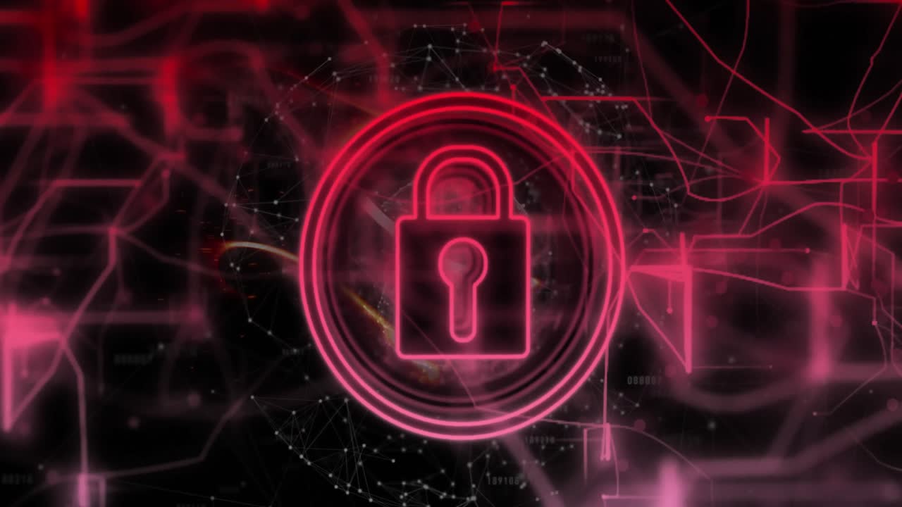 animación de un candado en círculos y patrón de navegación con puntos que forman un globo sobre un fondo negro