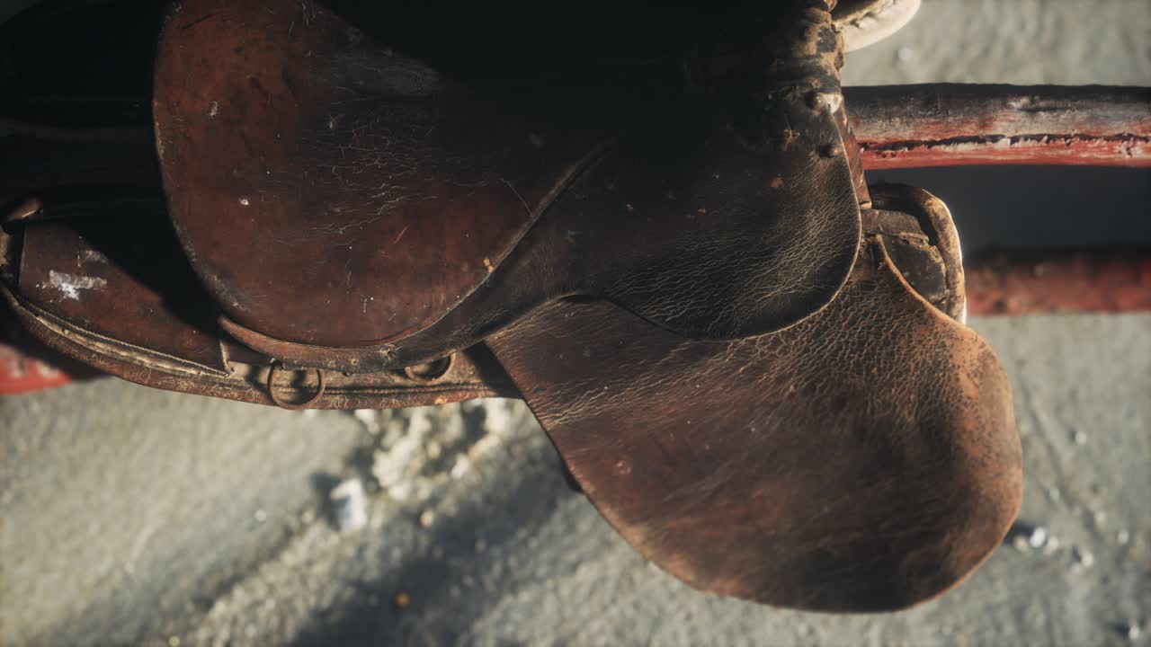 silla de cuero del jinete en la valla en el desierto
