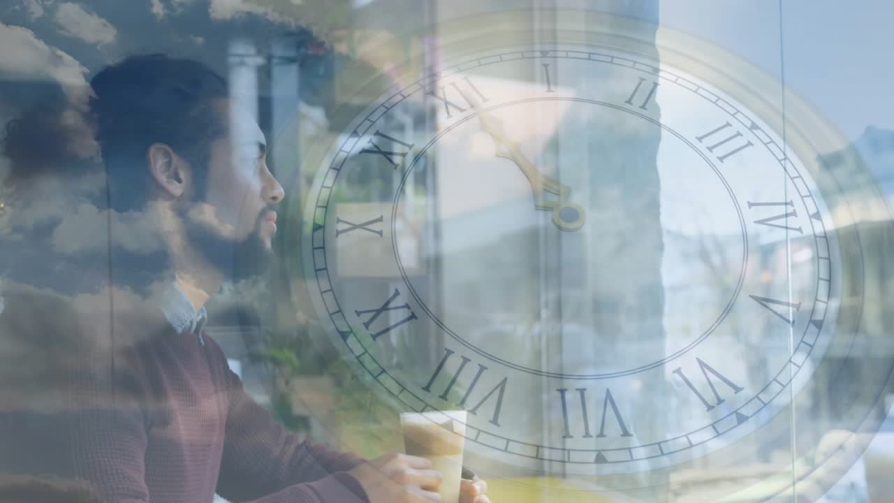 Hospitality showing man entering cafe placing latte adding clouds and clock dial reflecting mood