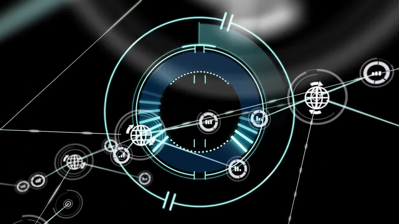 animación de círculos blancos y estructuras giratorias con una red de conexiones