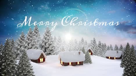 Animation-of-merry-christmas-text-and-snowfall-over-coniferous-trees-and-houses-on-landscape