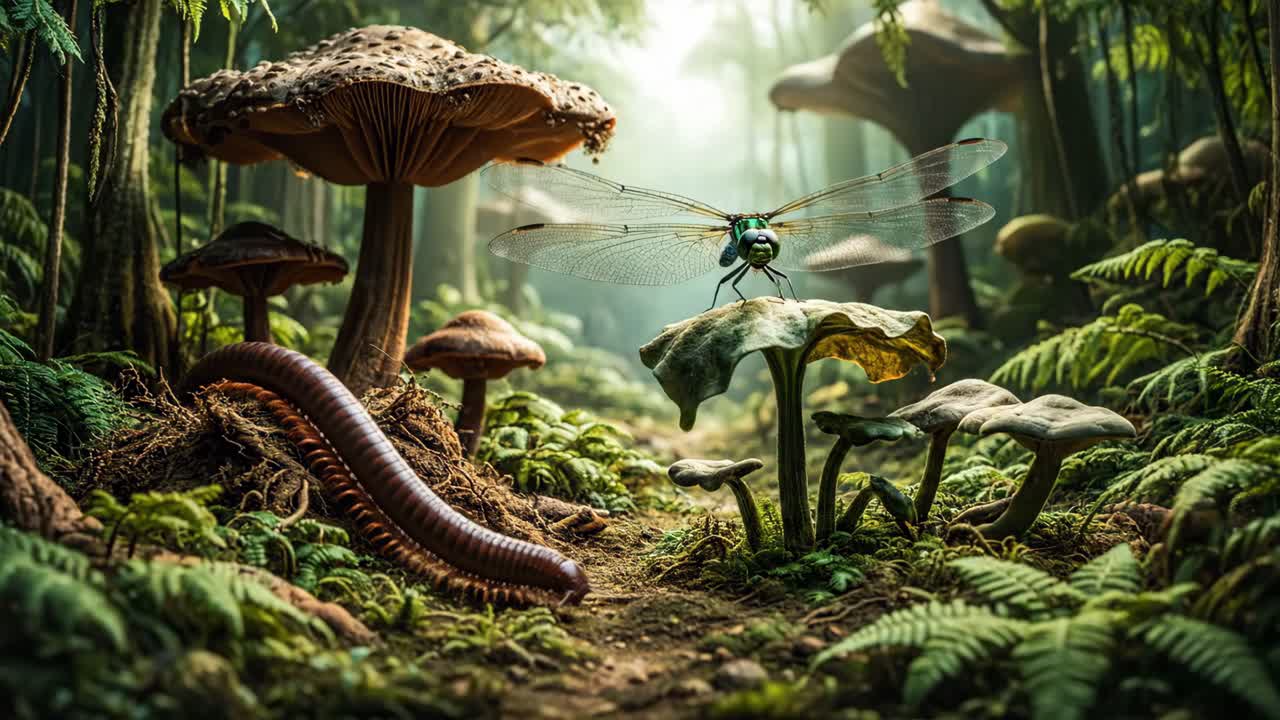 Dragonfly and Millipede in a Mushroom Forest