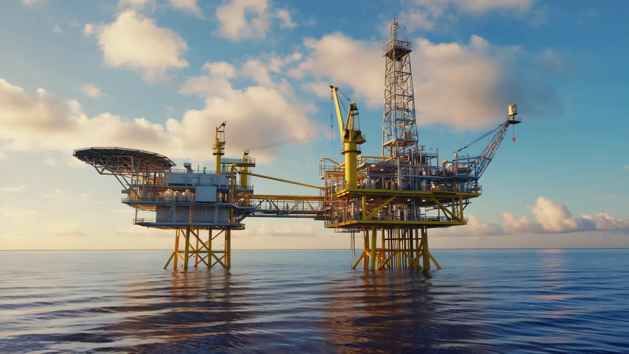 Offshore olieplatform i havet ved solnedgang