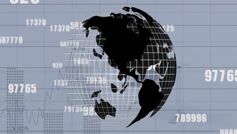 animation of financial data processing and globe on grey background