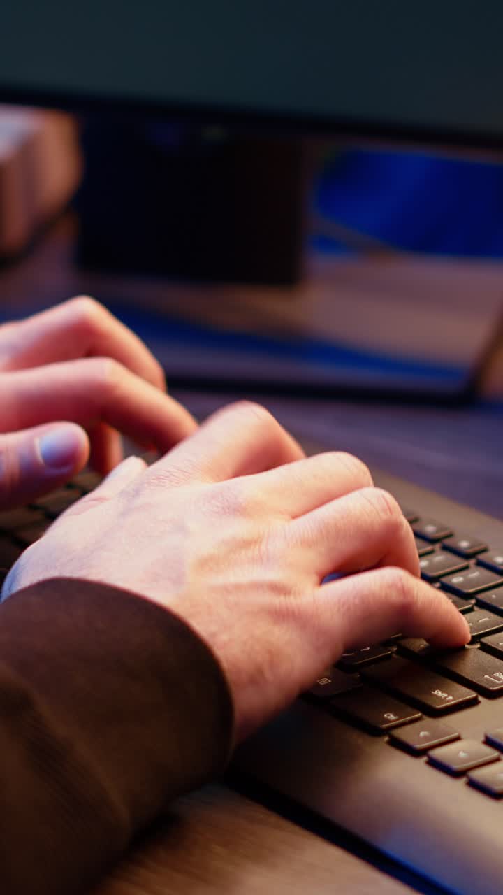Vertical video Hacker in secret underground shelter typing on keyboard, close up