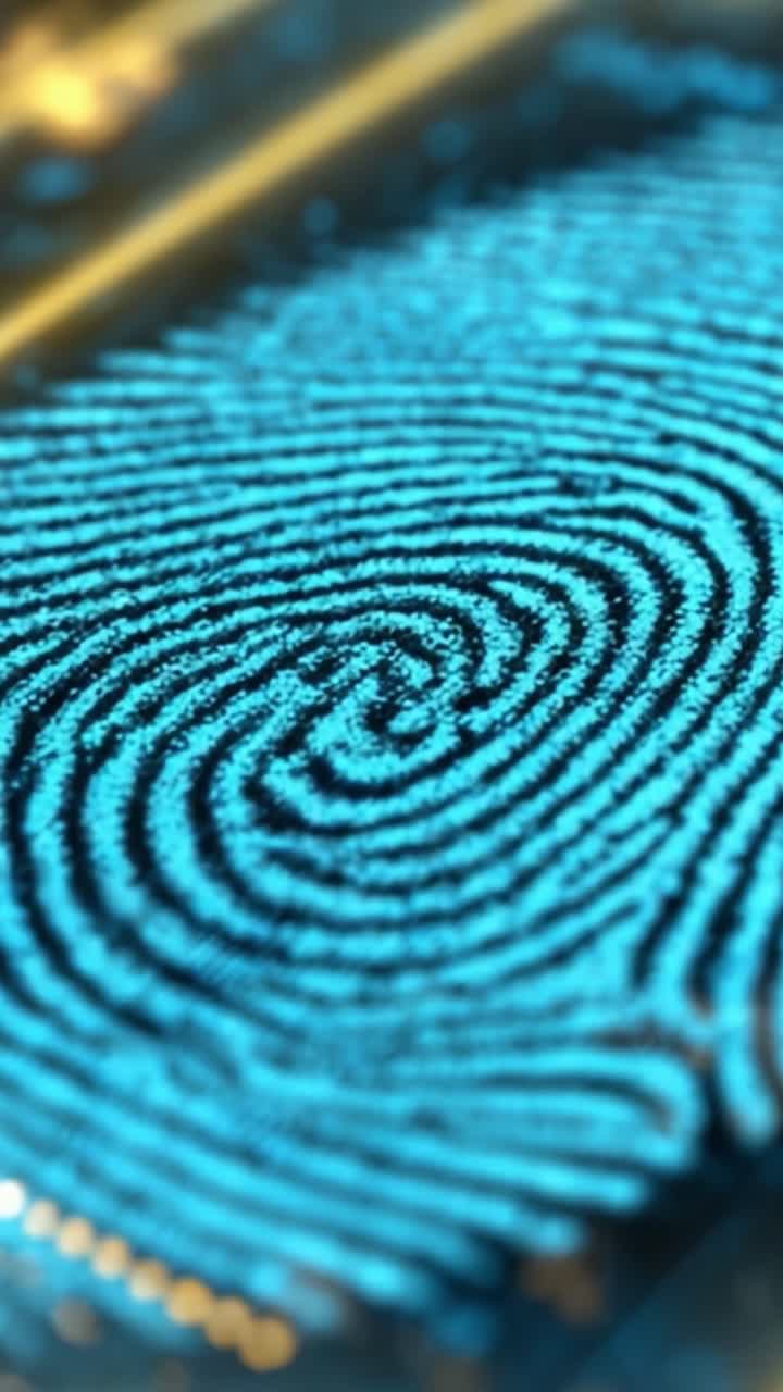 Vue rapprochée d'un motif d'empreinte digitale bleue unique, présentant des volutes et des lignes complexes qui définissent l'identité individuelle avec des détails saisissants