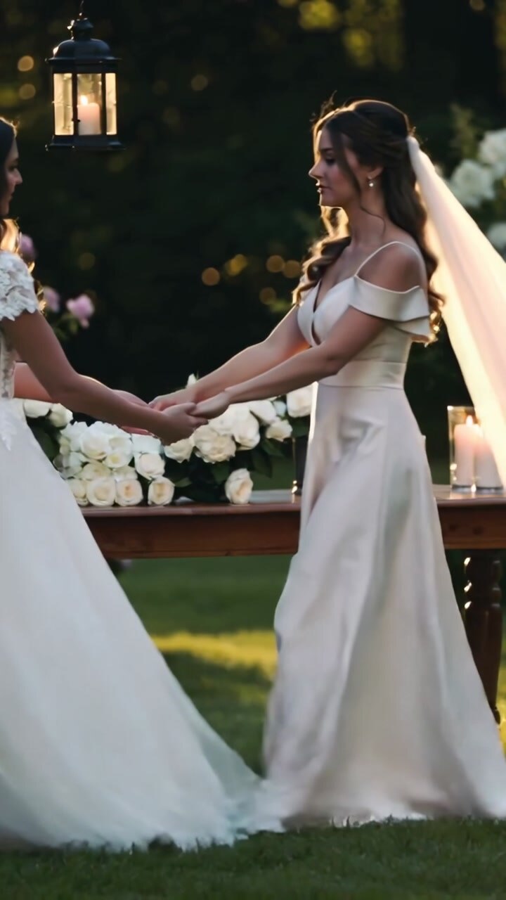 Vertical video: Woman reaching bride causing twirling veil glowing holding hands near wedding table