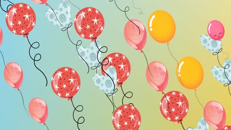 Animation-of-colourful-balloons-flying-on-blue-to-yellow-background